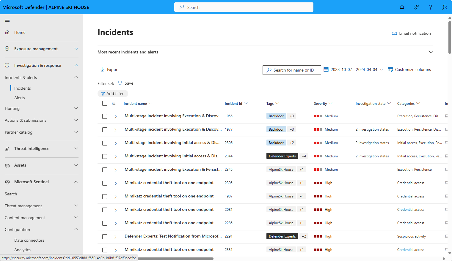 Screenshot of incidents page in the Azure portal.