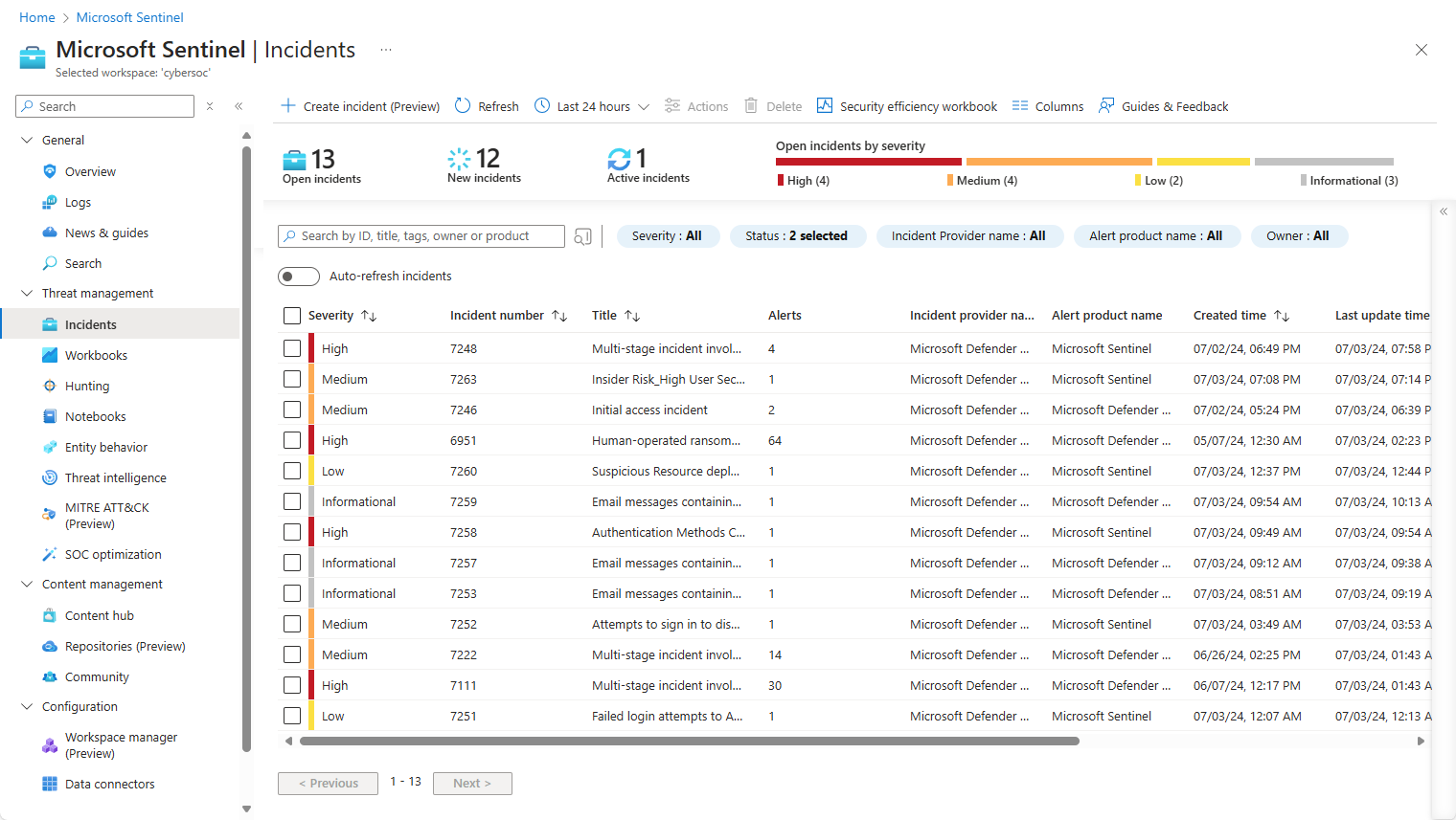 Screenshot of incidents page in the Azure portal.
