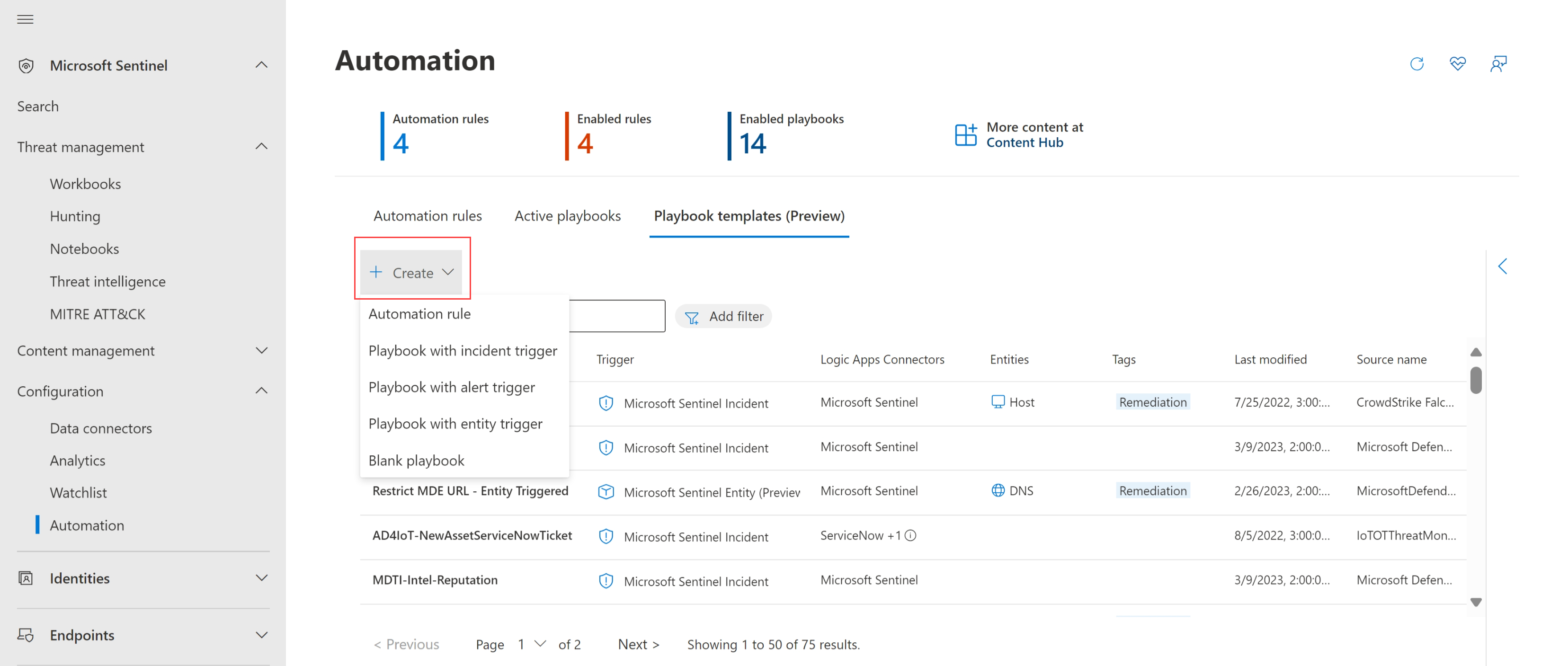 Screenshot shows Defender portal and Microsoft Sentinel Automation page with Create selected.