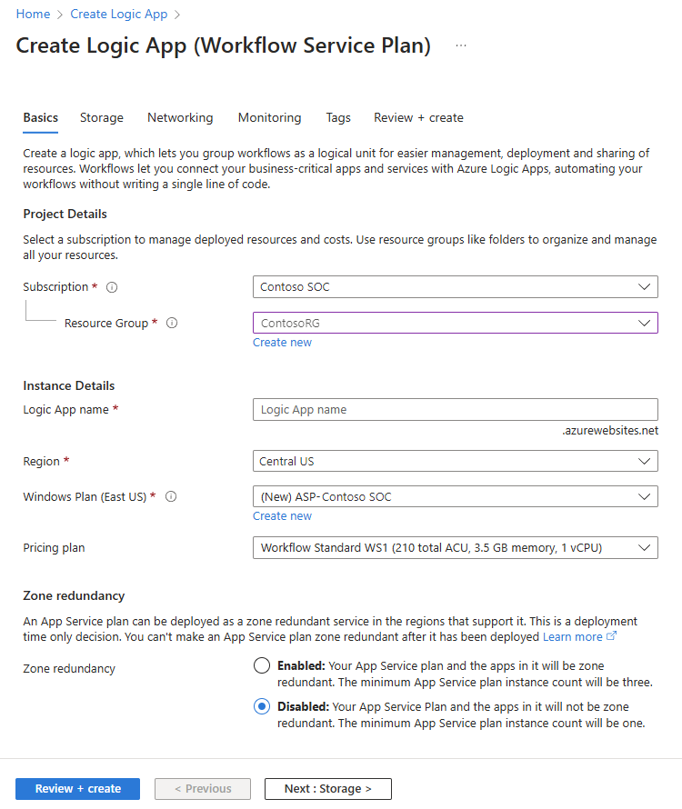 Screenshot shows Create Logic App wizard and Basics tab for a Standard logic app.