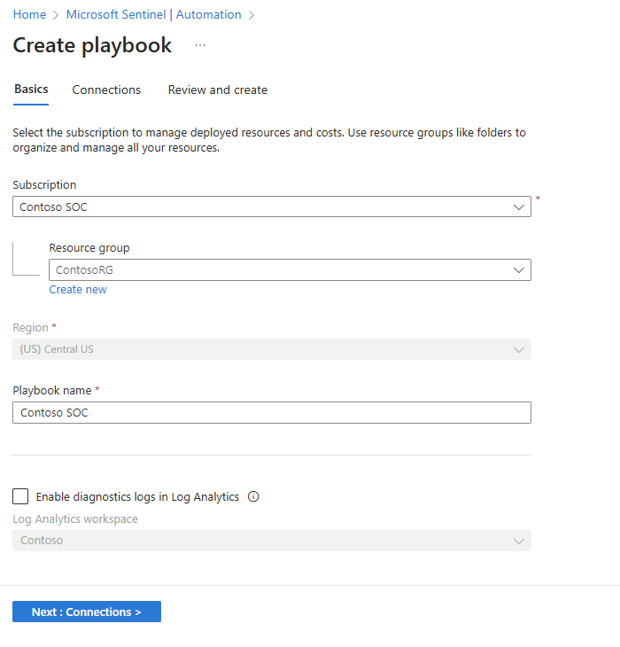 Screenshot shows Create playbook wizard and Basics tab for a Consumption workflow-based playbook.