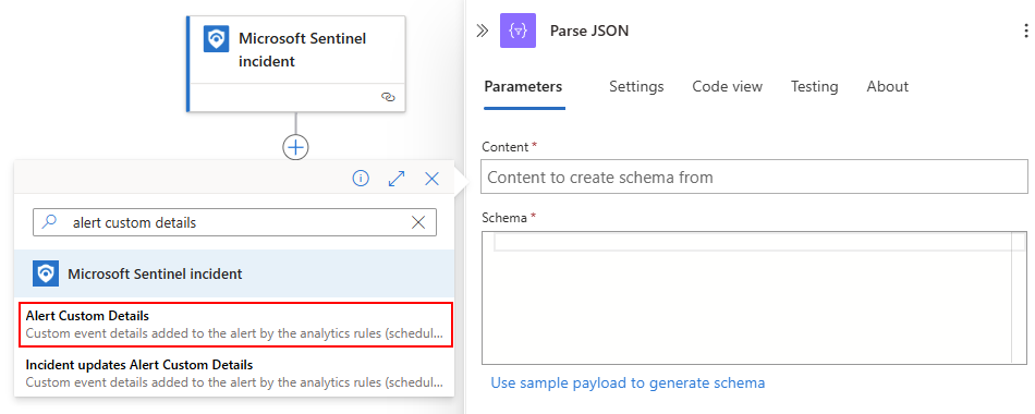 Screenshot shows selected Alert Custom Details in dynamic content list.