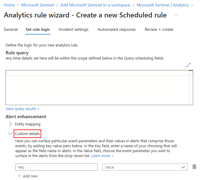 Screenshot shows custom details defined in an analytics rule.