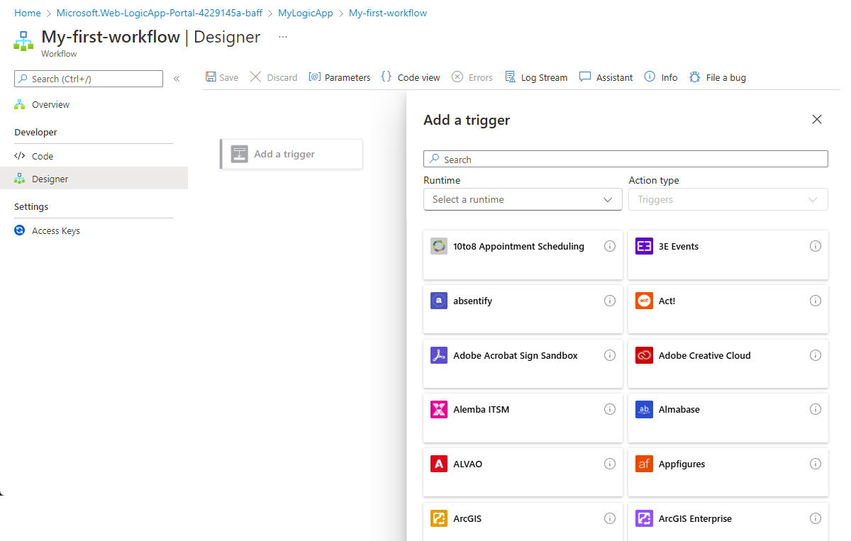Screenshot shows designer in Standard logic app workflow.