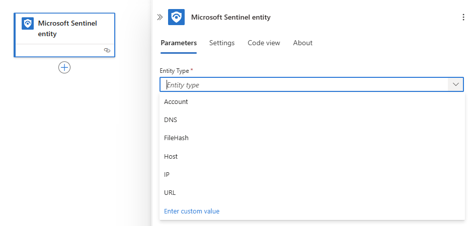 Screenshot shows Consumption workflow playbook with entity trigger, and available entity types to select for setting the playbook schema.