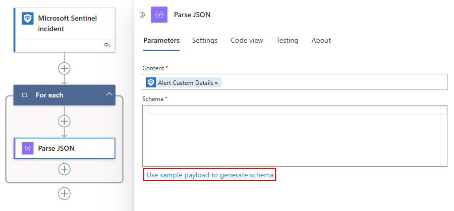 Screenshot shows selection for Use sample payload to generate schema link.