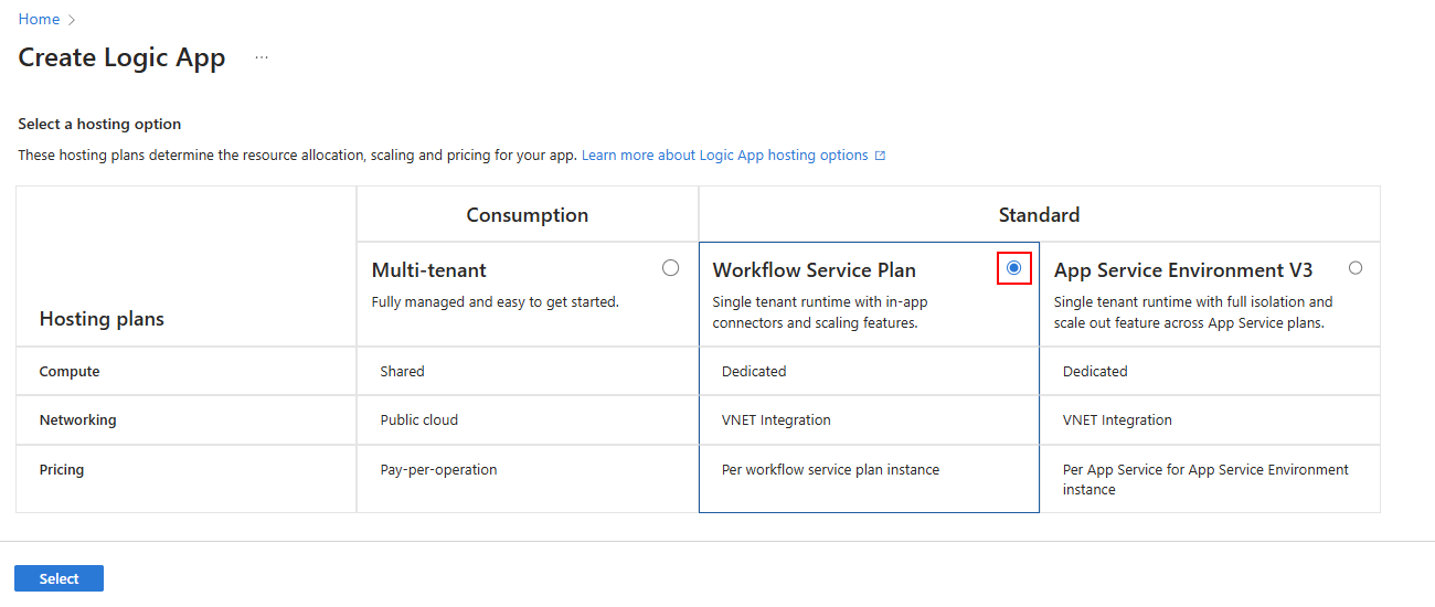 Screenshot shows hosting options page for creating a logic app.