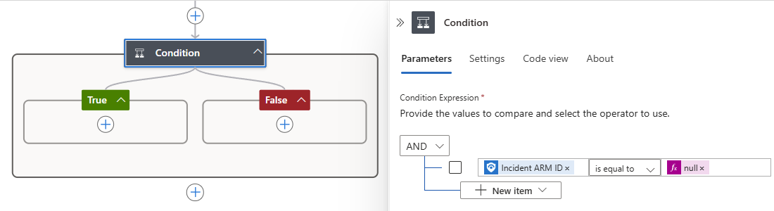 Screenshot shows extra condition to add before the Incident ARM ID field.