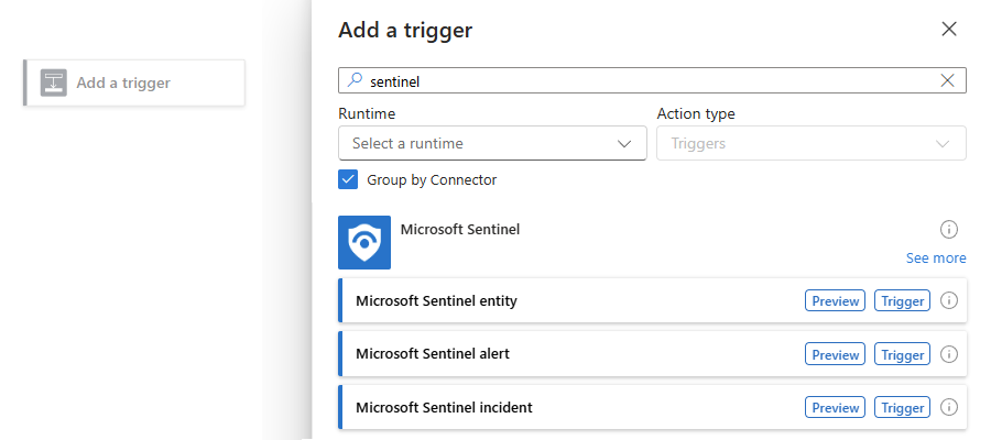 Screenshot shows how to select a trigger for your playbook.