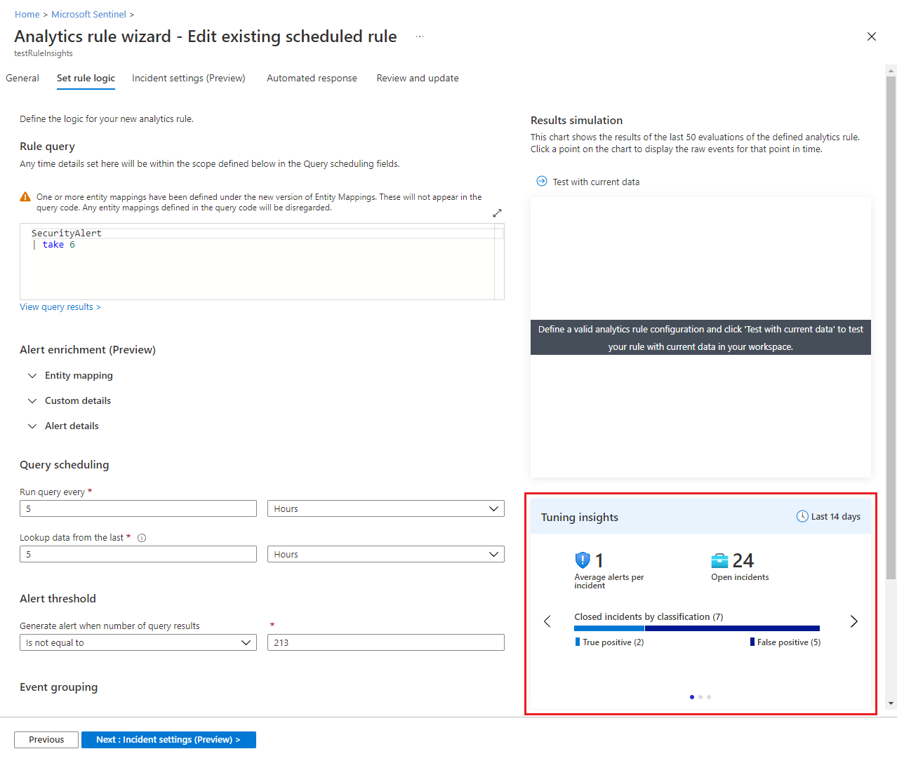 Screenshot of tuning insights in analytics rule.