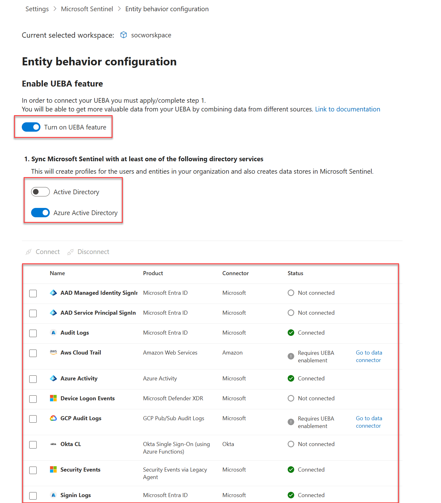 Screenshot of UEBA configuration settings.