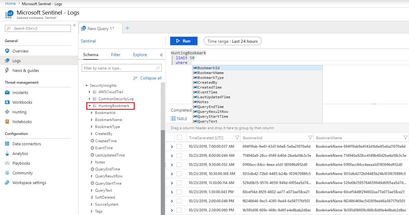 Screenshot of the hunting bookmarks table in the Log Analytics workspace.