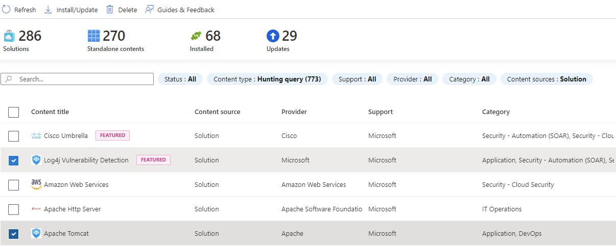 Screenshot shows the content hub in grid view with the Log4J and Apache solutions selected.
