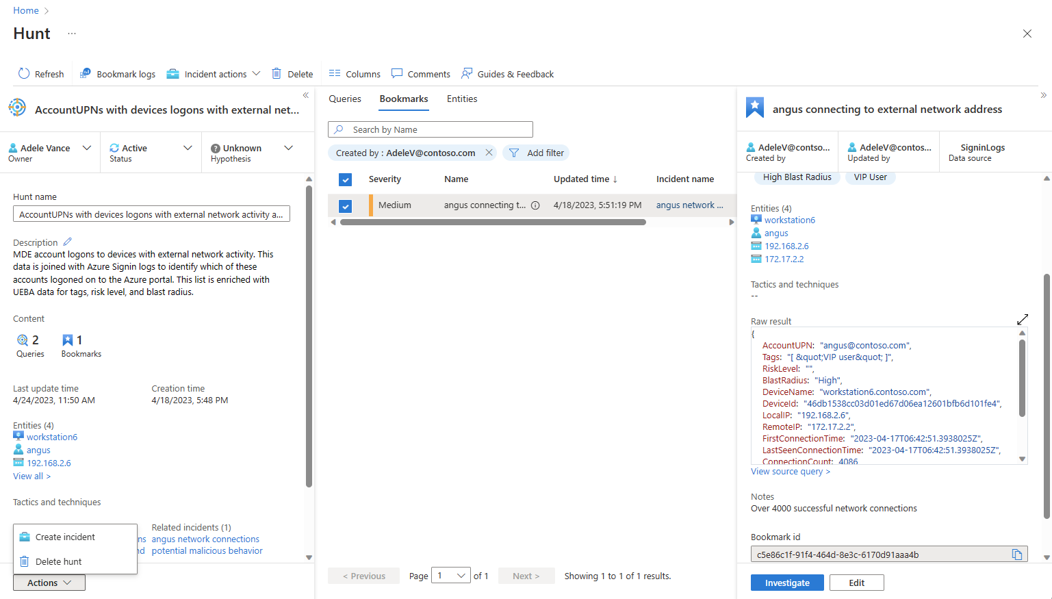 Screenshot showing a bookmark with all its details and the hunts action menu open.