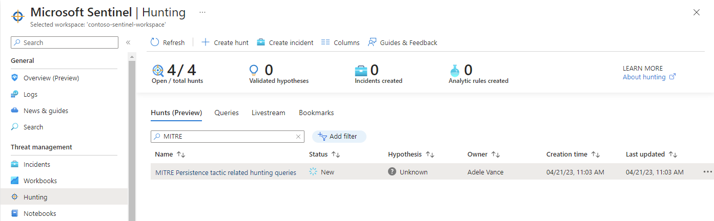 Screenshot showing new hunt in Hunting tab.
