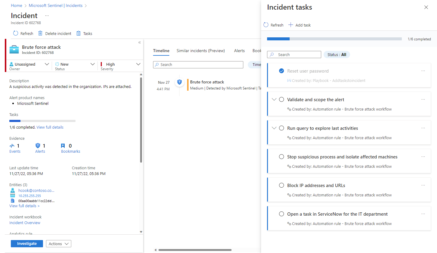 Screenshot of incident tasks panel for analysts on incident details screen.