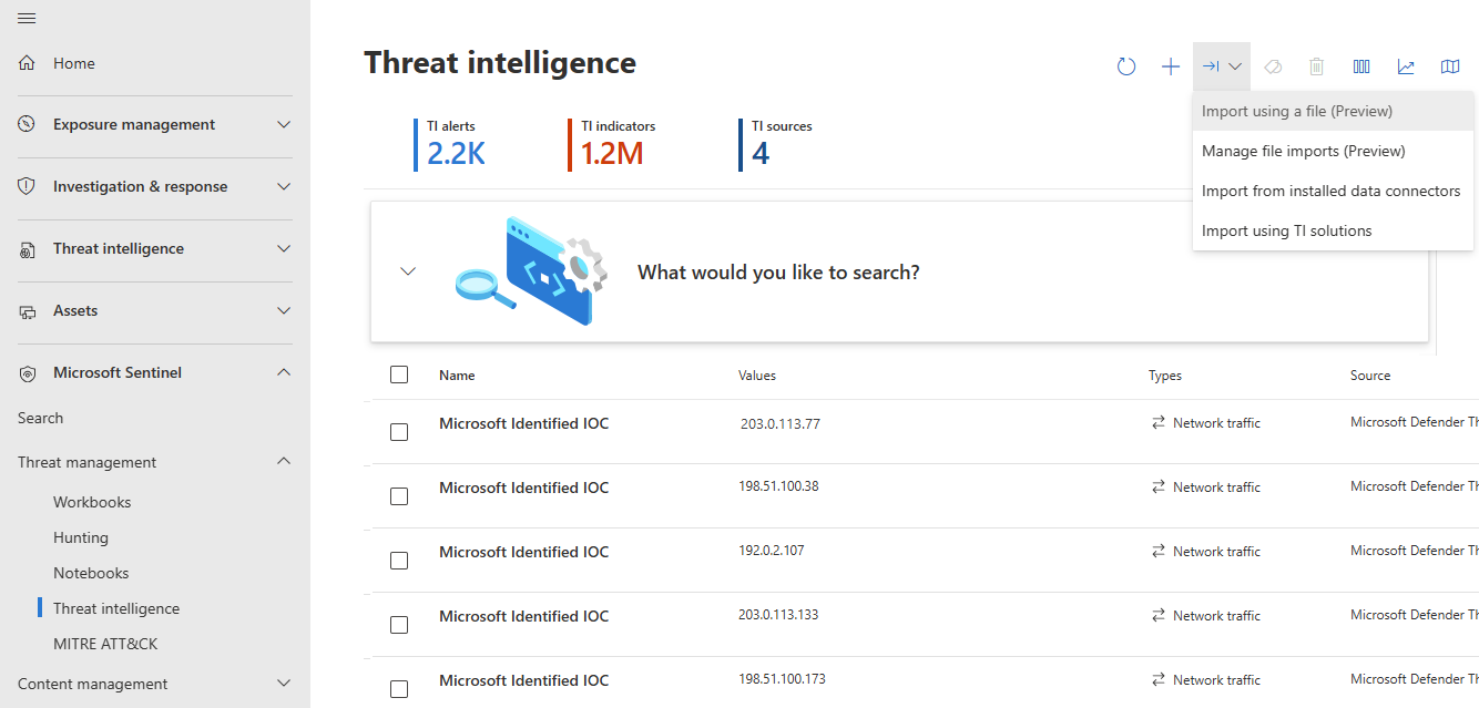 Screenshot that shows the menu options to import threat intelligence by using a file menu from the Defender portal.