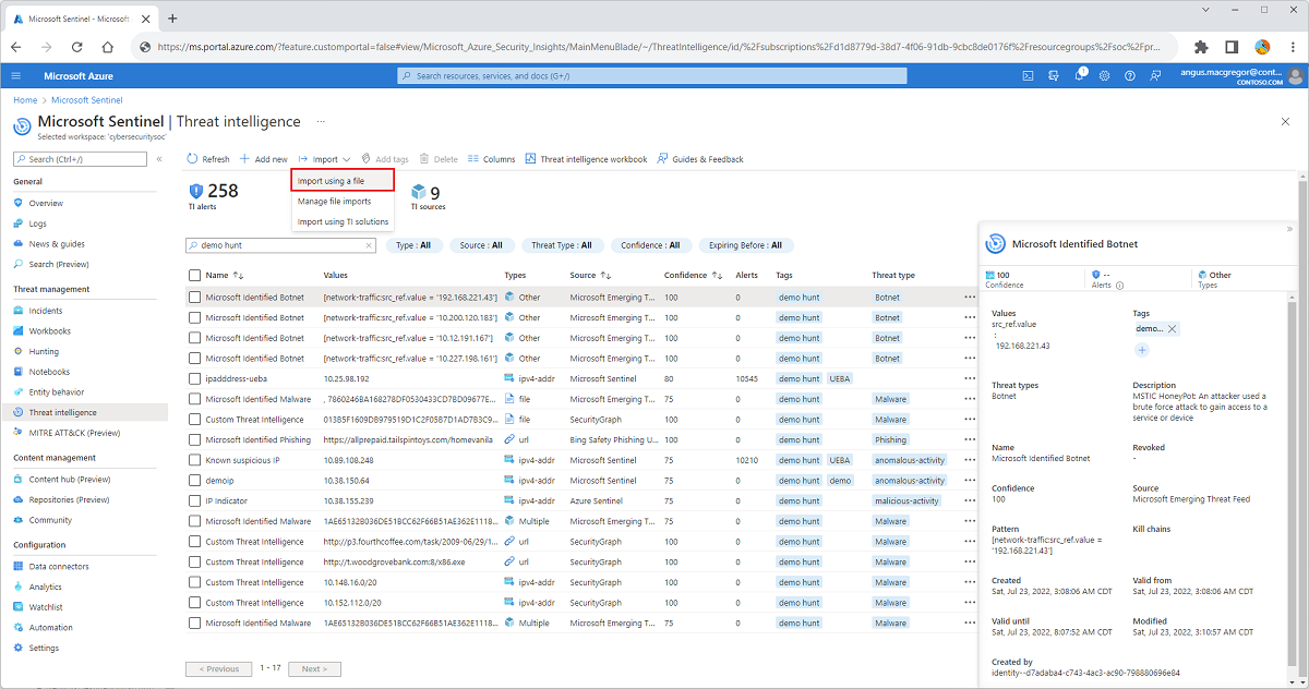 Screenshot that shows the menu options to import threat intelligence by using a file menu.
