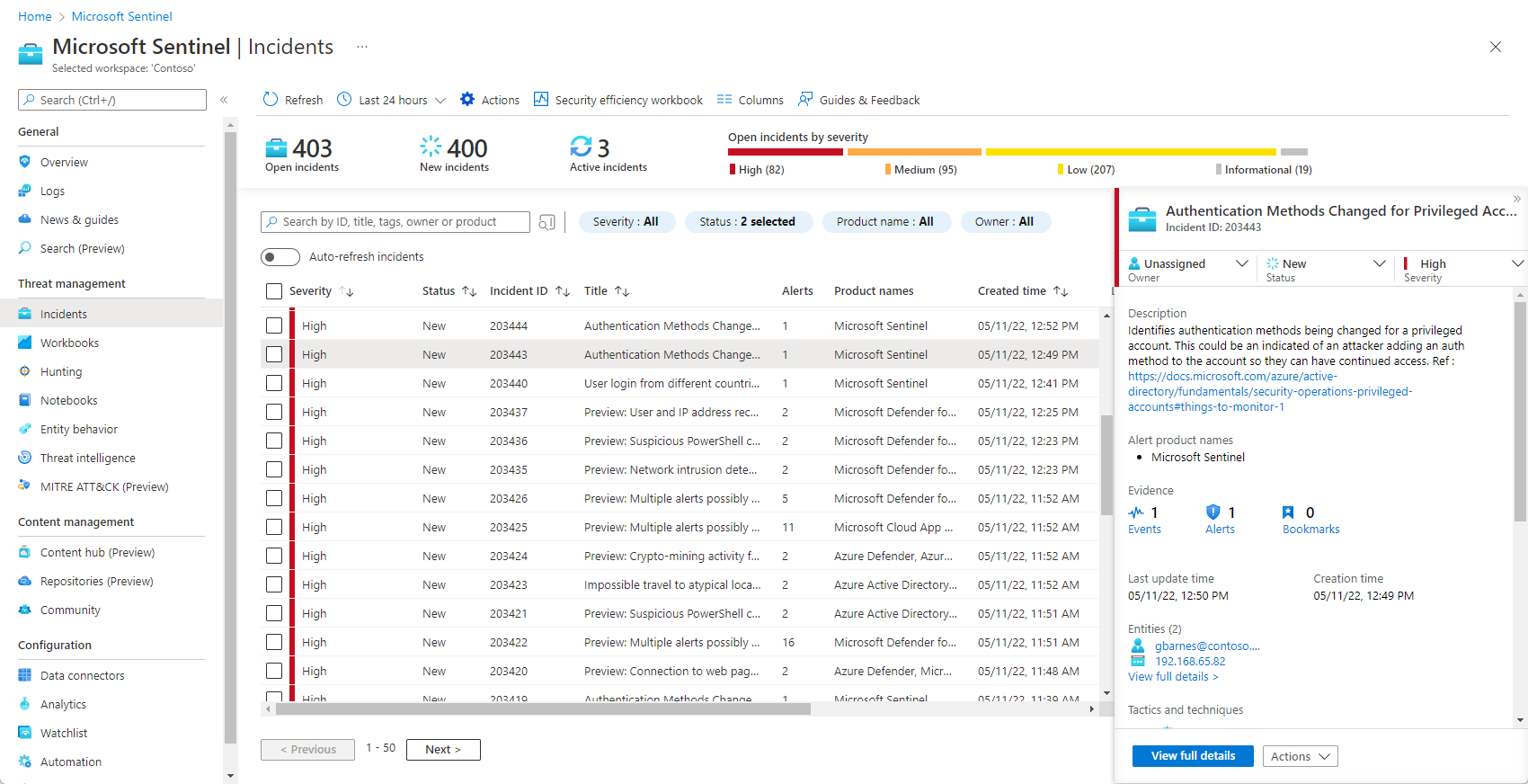 Screenshot of view of incident severity.