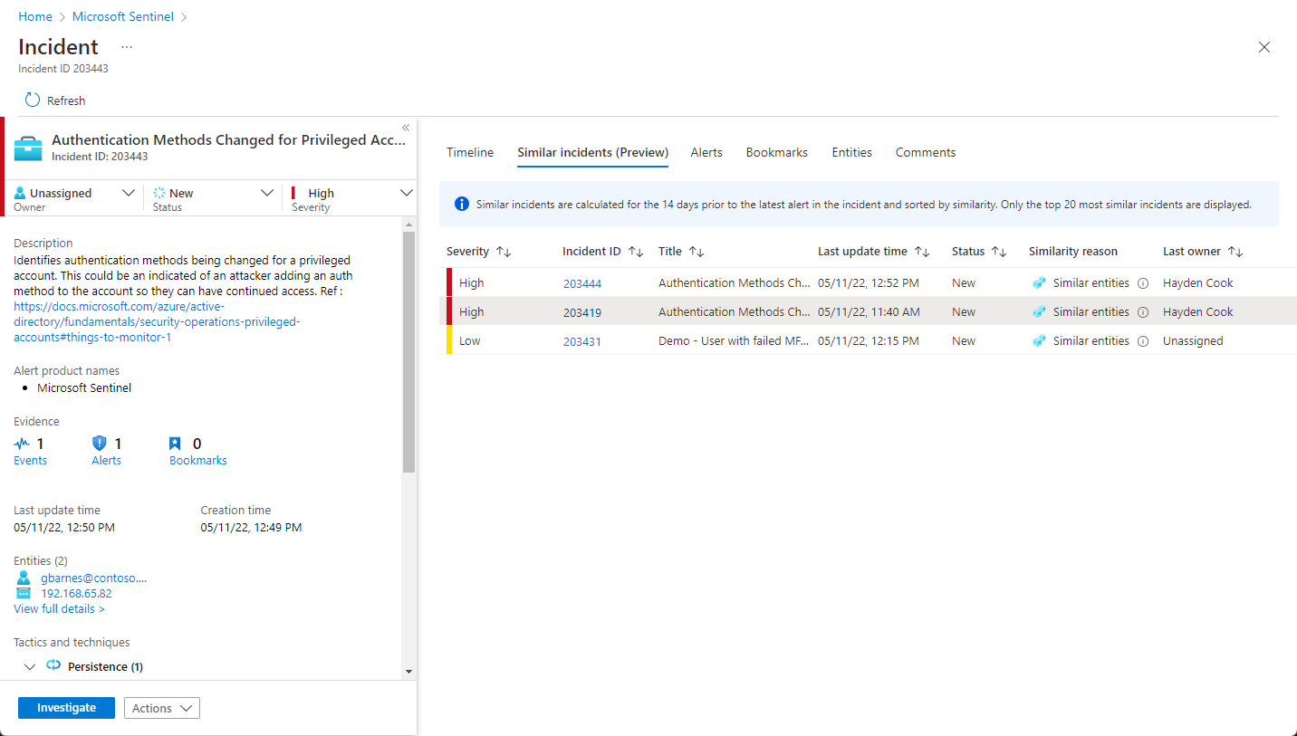 Screenshot of the similar incidents display.