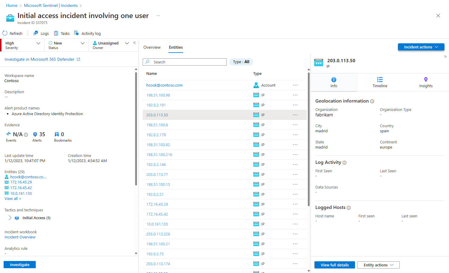 Screenshot of entities tab in incident details page.