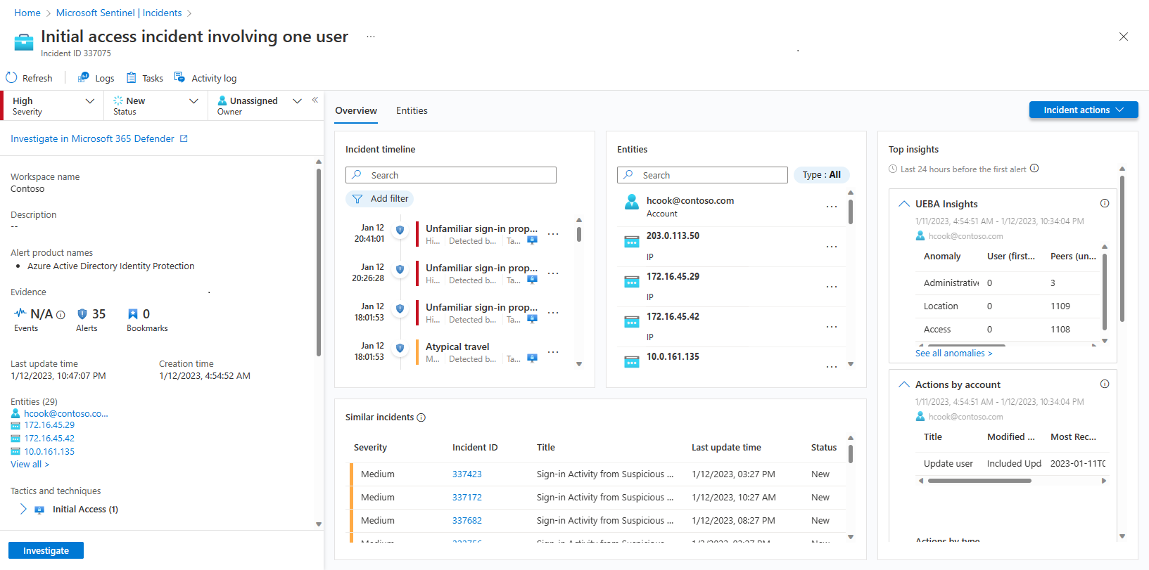 Screenshot of incident details page, featuring the overview tab.