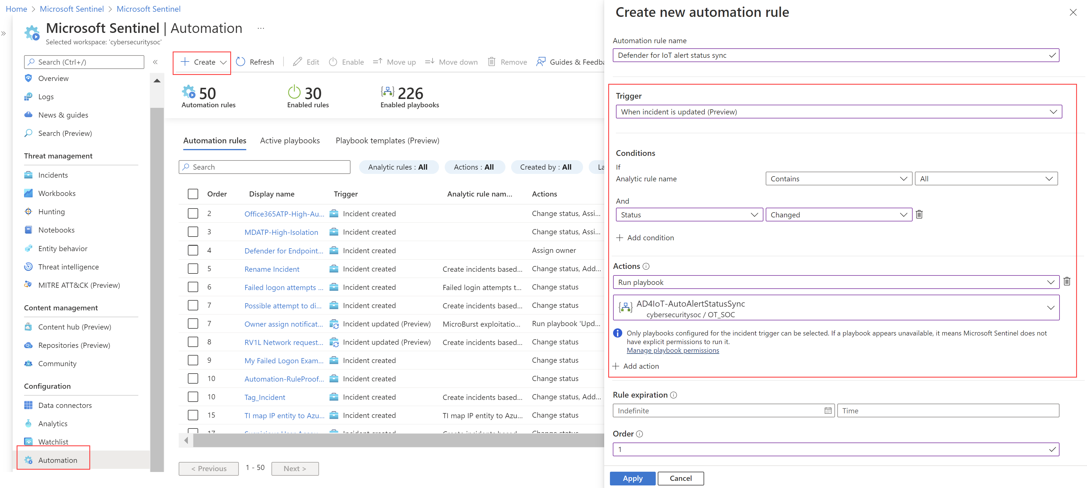 Screenshot of a Defender for IoT alert status sync automation rule.