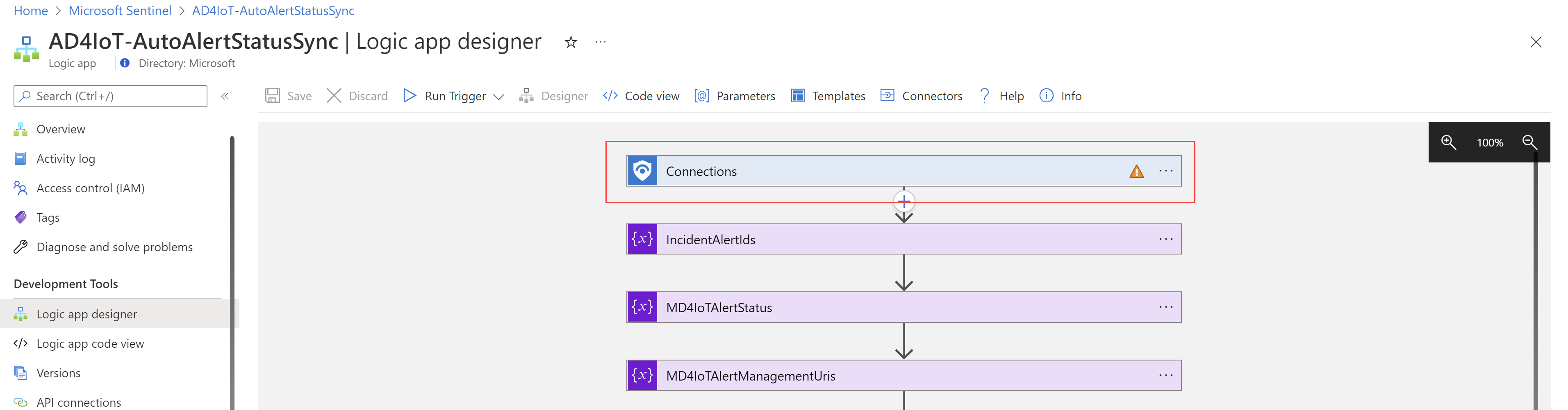 Screenshot of the default AD4IOT AutoAlertStatusSync playbook.