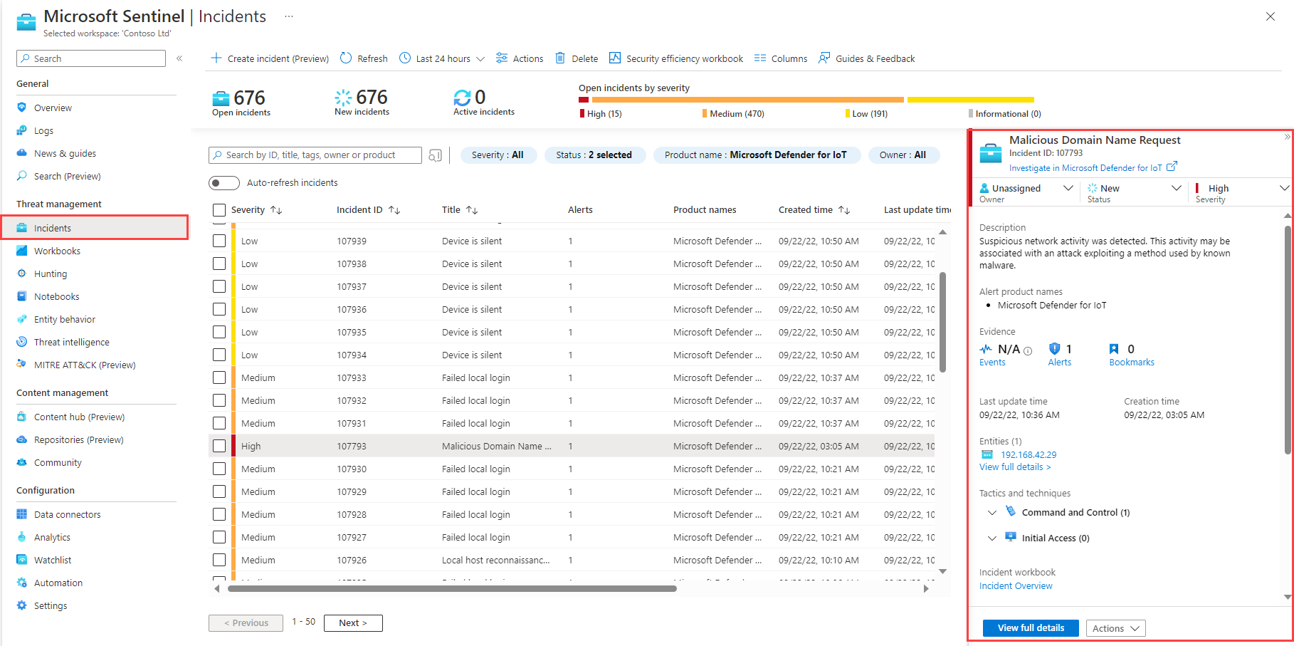 Screenshot of a Microsoft Defender for IoT incident in Microsoft Sentinel.
