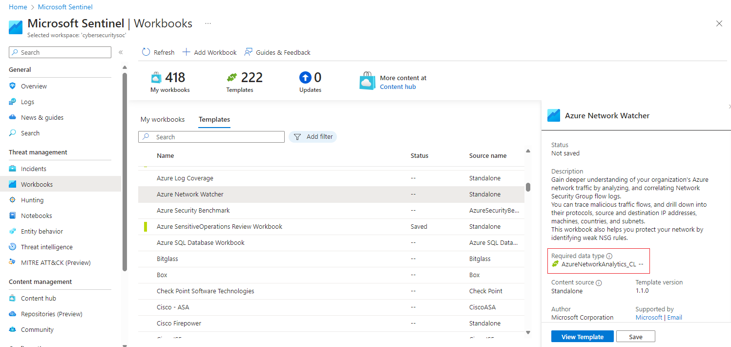 Screenshot of a workbook template with required data types shown in the details pane.