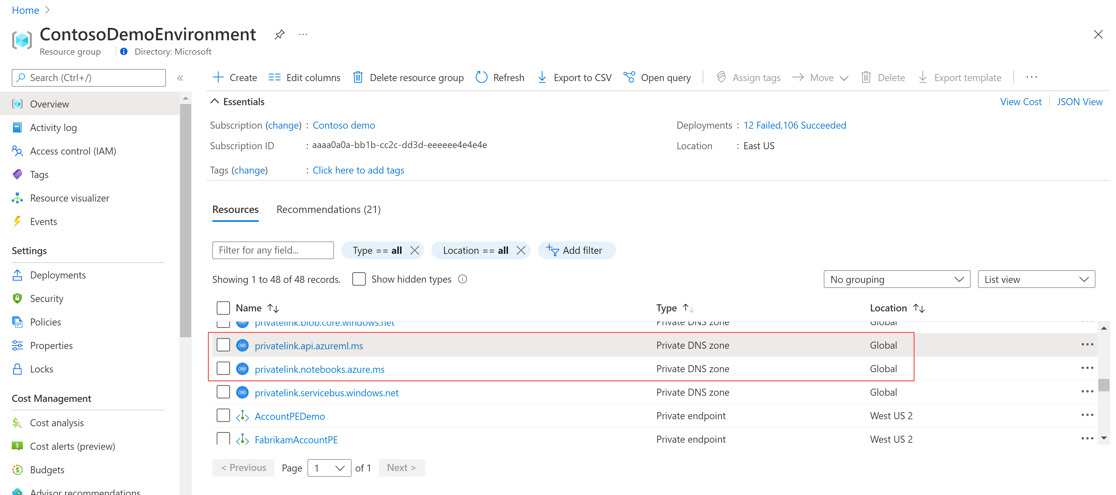 Screenshot of a private DNS zone resource selected.