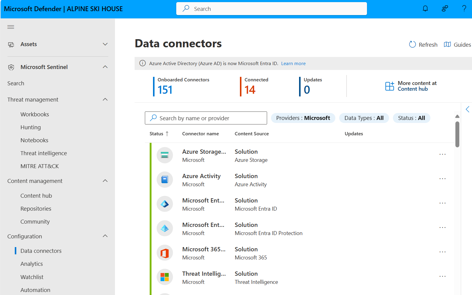 Screenshot of the Microsoft Sentinel data connectors page in the Defender portal that shows a list of available connectors.
