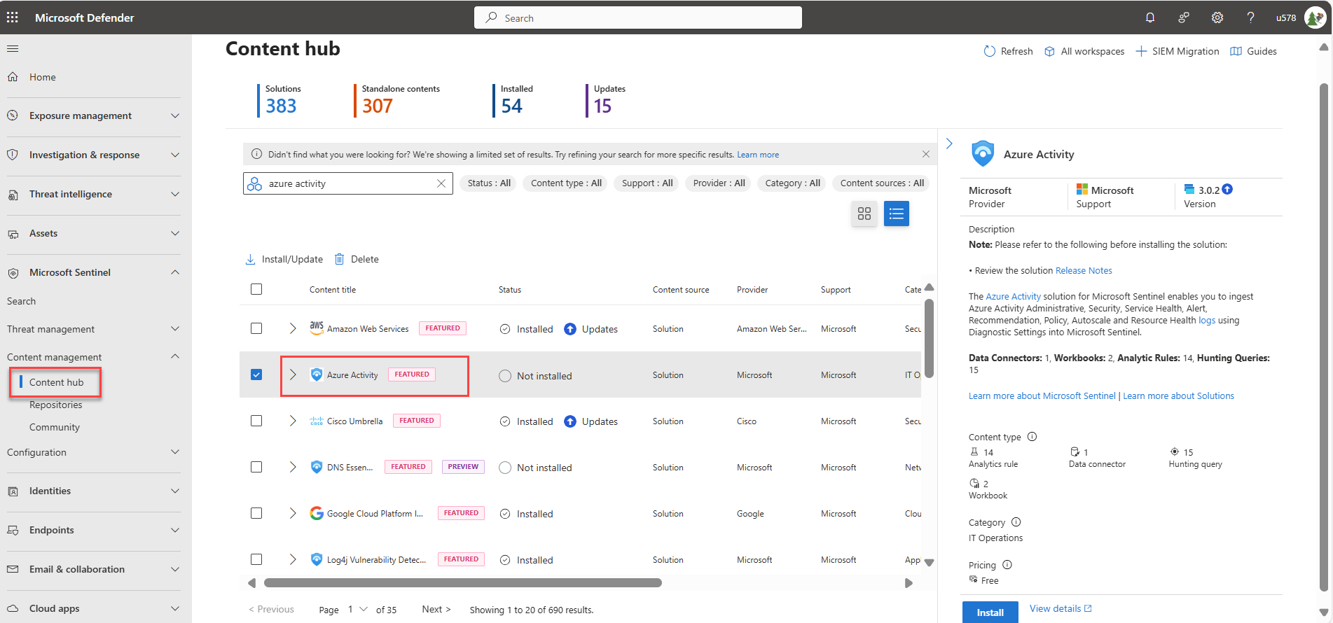 Screenshot of the AzureActivity query in the Logs page of the Defender portal.
