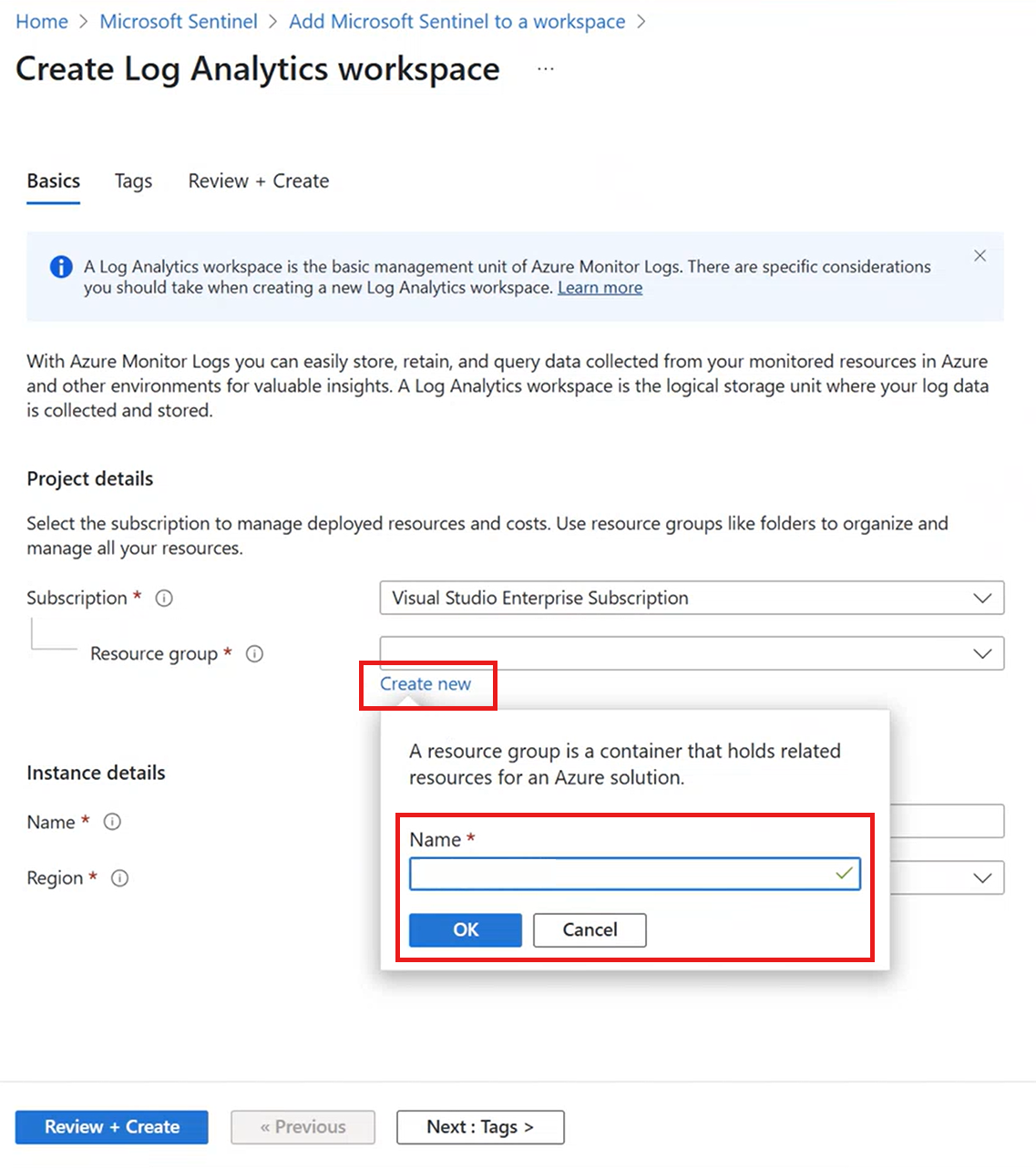 Screenshot of creating a Log Analytics workspace screen. Under Subscription and resource group, Create New is selected.
