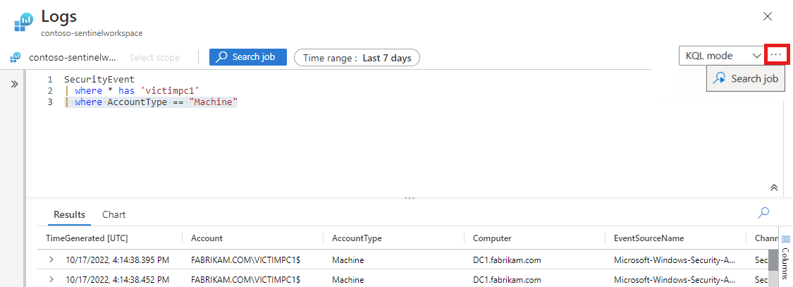 Screenshot of KQL editor with revised search with ellipsis highlighted in order to select Search job, which will open the Search Job Mode window.