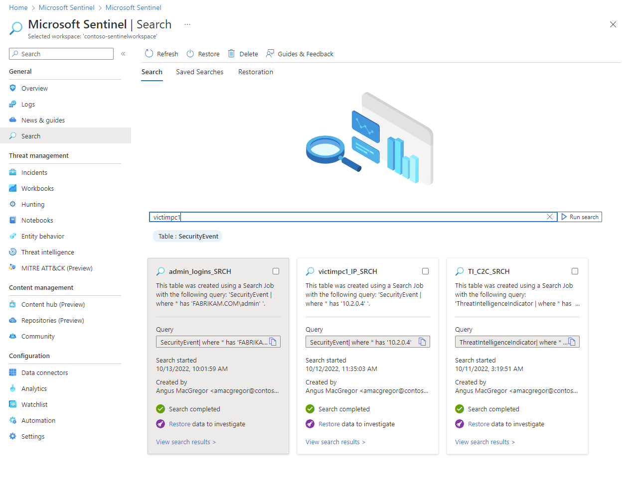 Screenshot of search page with search criteria of administrator, time range last 90 days, and table selected.