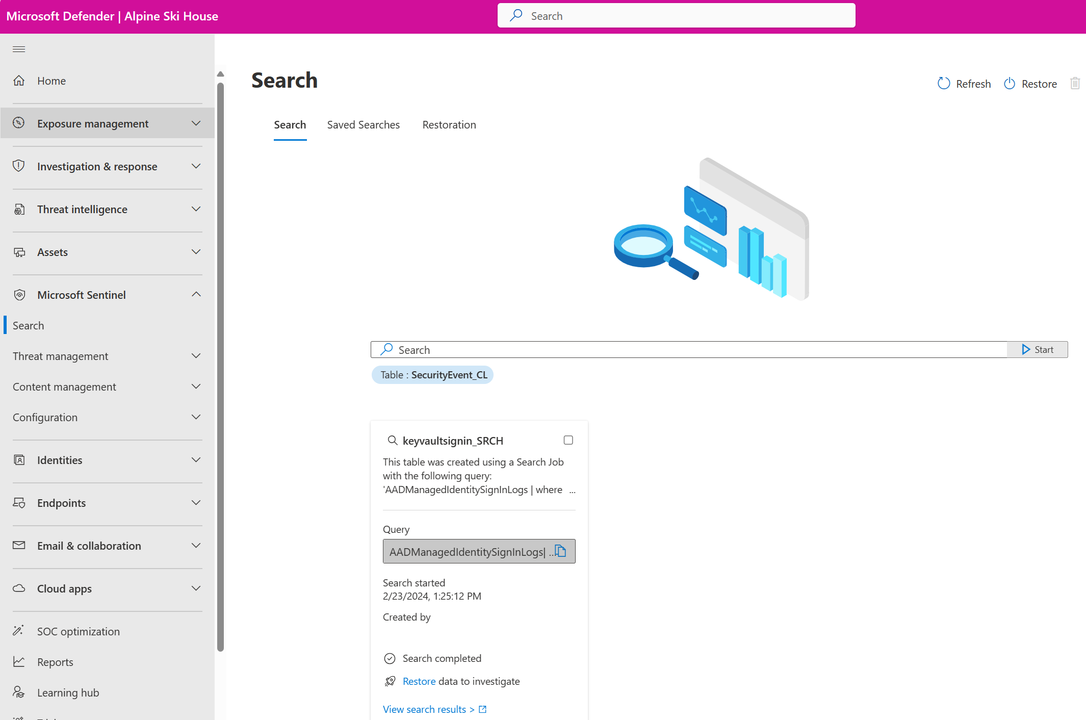 Screenshot of search page with search criteria of administrator, time range last 90 days, and table selected.