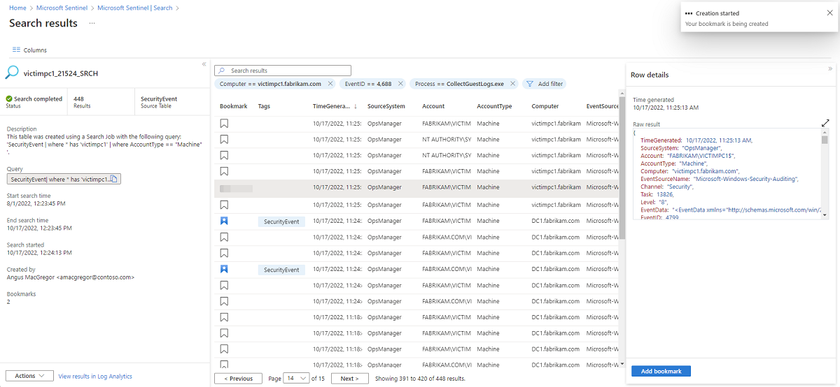 Screenshot that shows search job results with a bookmark in the process of being added.
