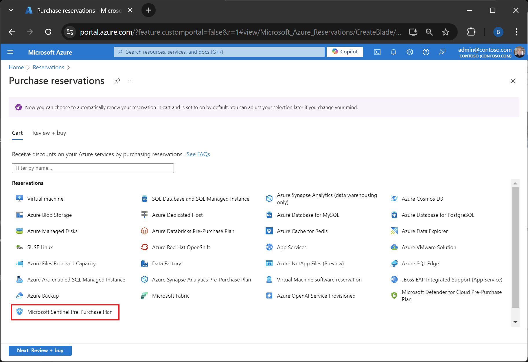Screenshot showing Microsoft Sentinel pre-purchase plan.
