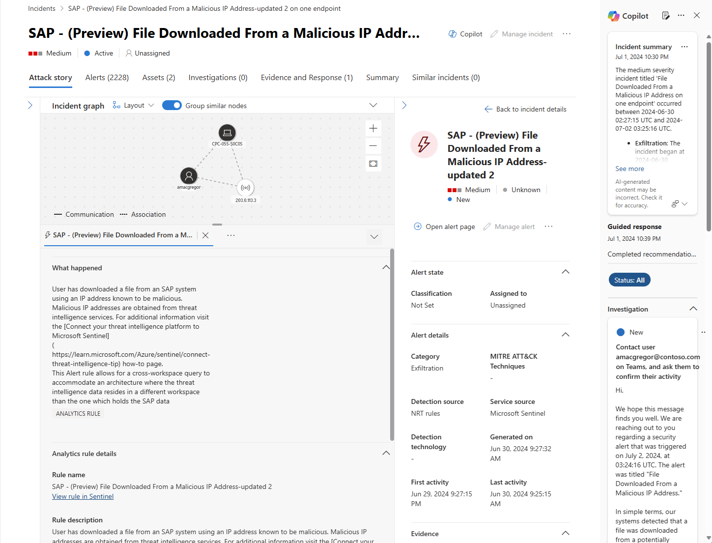 Screenshot of Microsoft Sentinel incident from Defender portal with Copilot embedded experience.