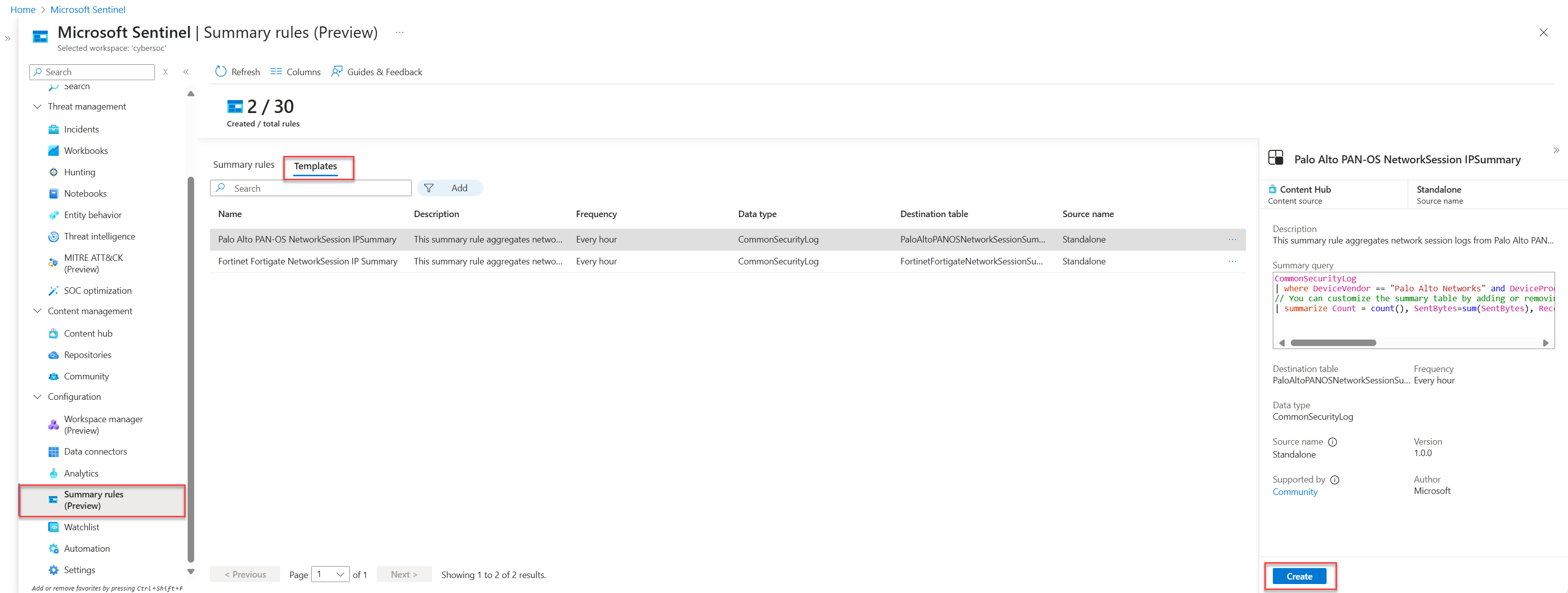 A screenshot of the Templates tab of the Summary rules page.