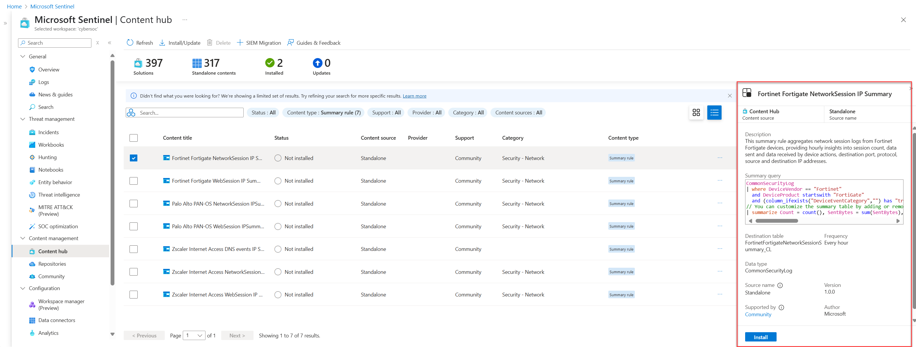Screenshot showing the details panel of a summary rule template in Microsoft Sentinel, including fields like description, summary query, and destination table.