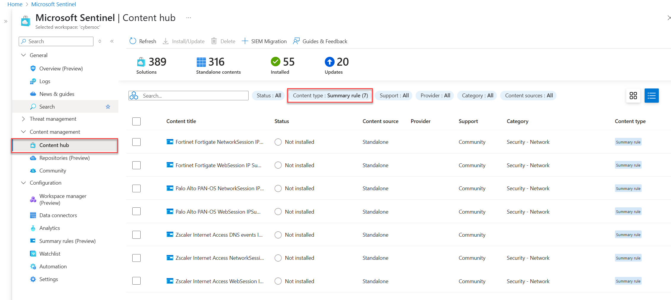Screenshot of the Content Hub page in Microsoft Sentinel showing summary rule templates.