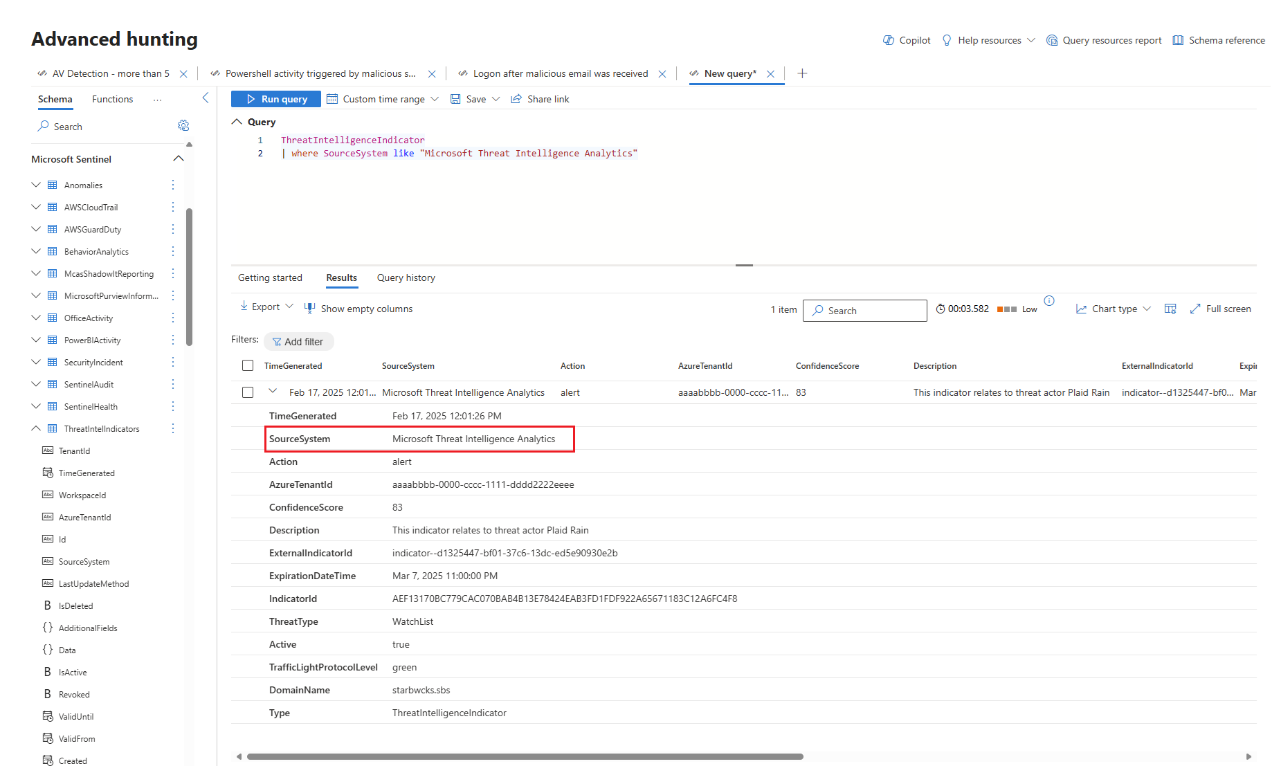 Screenshot that shows the ThreatIntelligenceIndicator table showing indicator with SourceSystem of Microsoft Threat Intelligence Analytics.