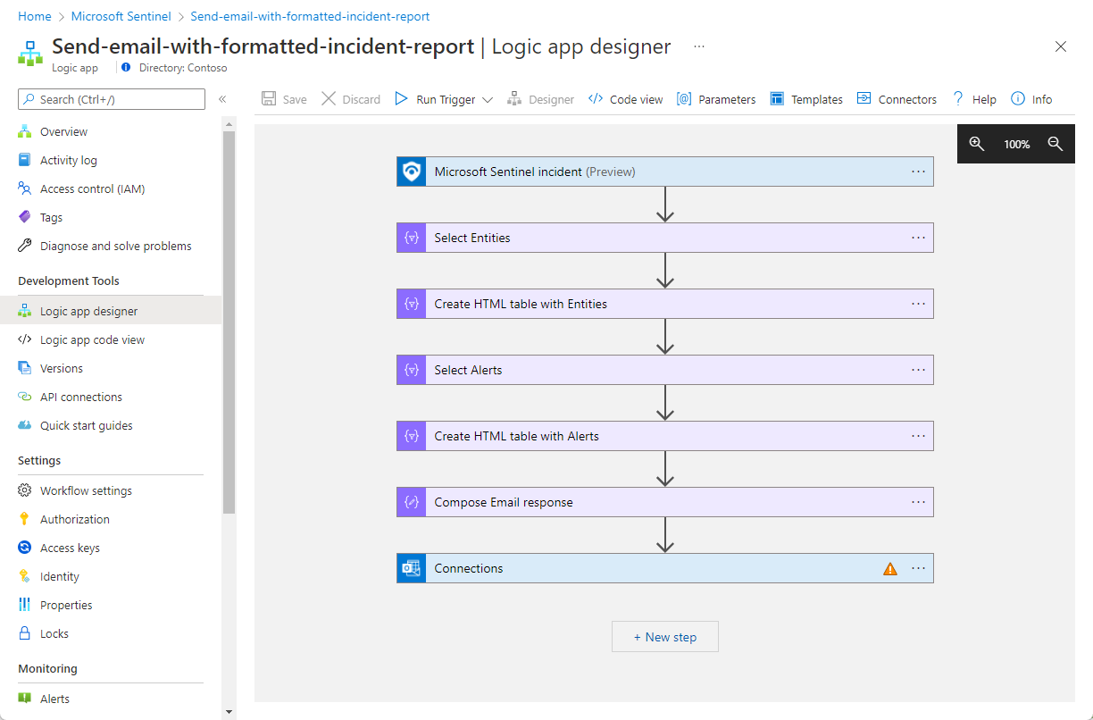 Screenshot of the playbook in Logic Apps designer.