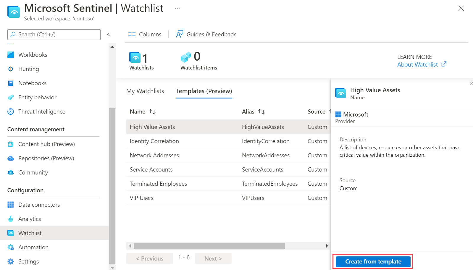Screenshot of the option to create a watchlist from a built-in template.