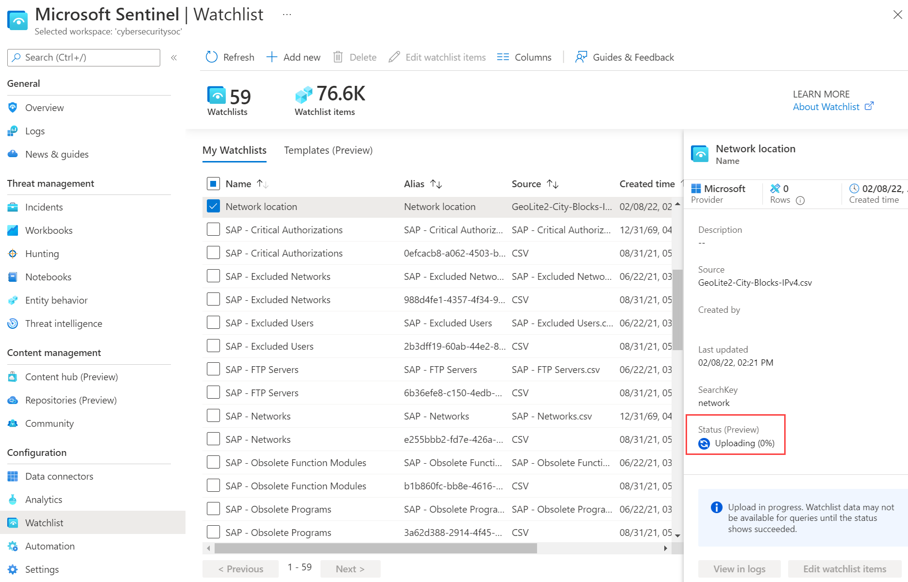 Screenshot that shows the upload status on the watchlist.