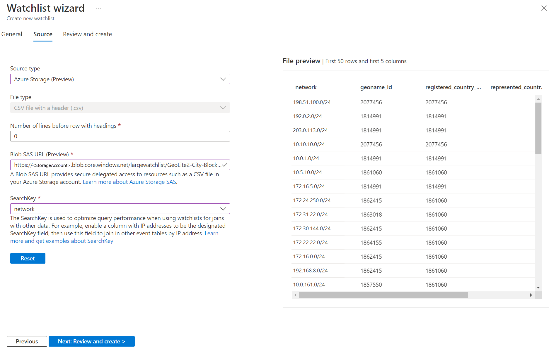 Screenshot of the watchlist source page with sample values entered.