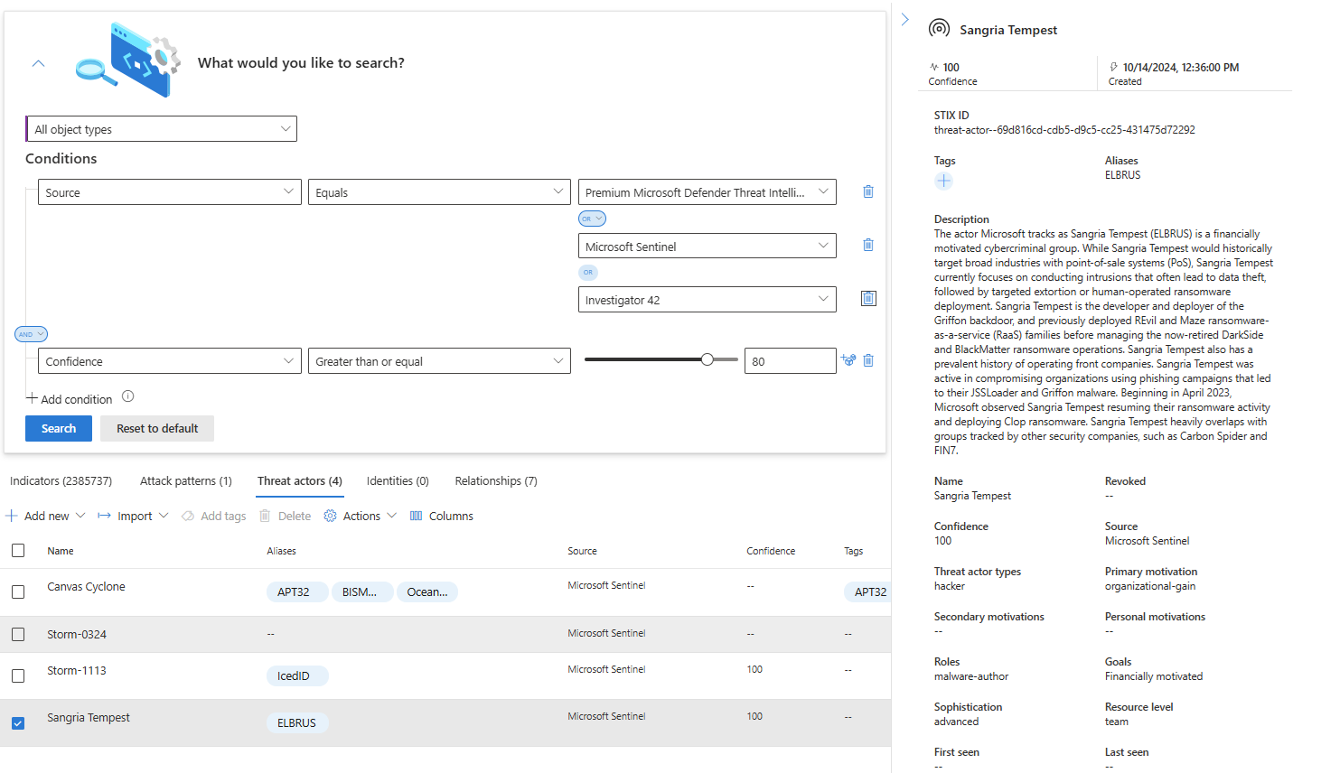 Screenshot shows an OR operator combined with multiple AND conditions to search threat intelligence.