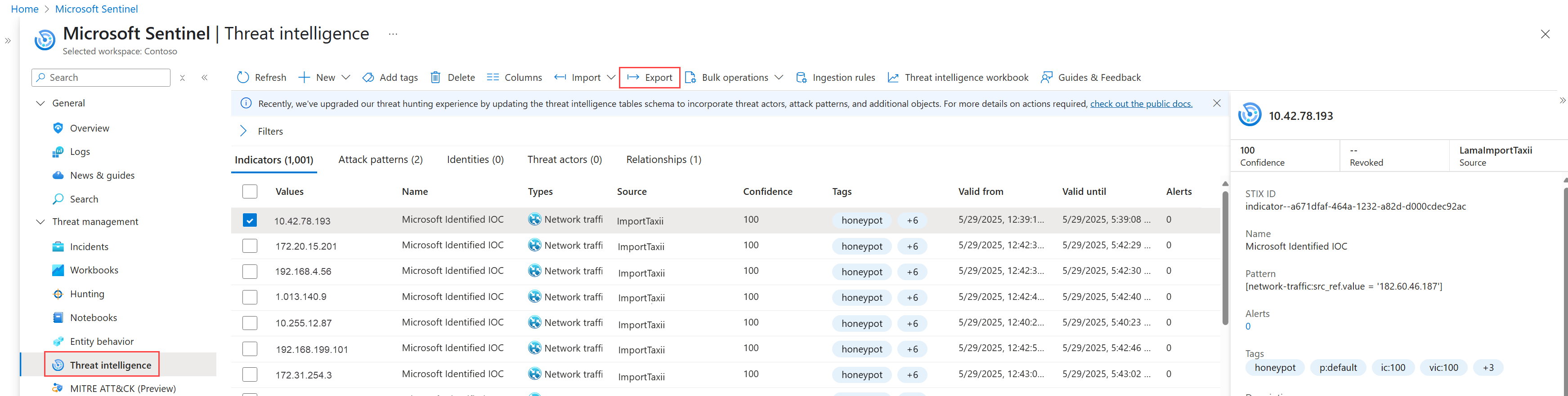 Screenshot of the Export TI option in the Defender portal.